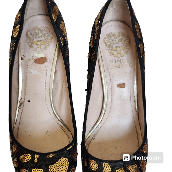 Vince Camuto Black & Gold Sequin Leopard Platform High Heels 6M - Picture 12 of 16